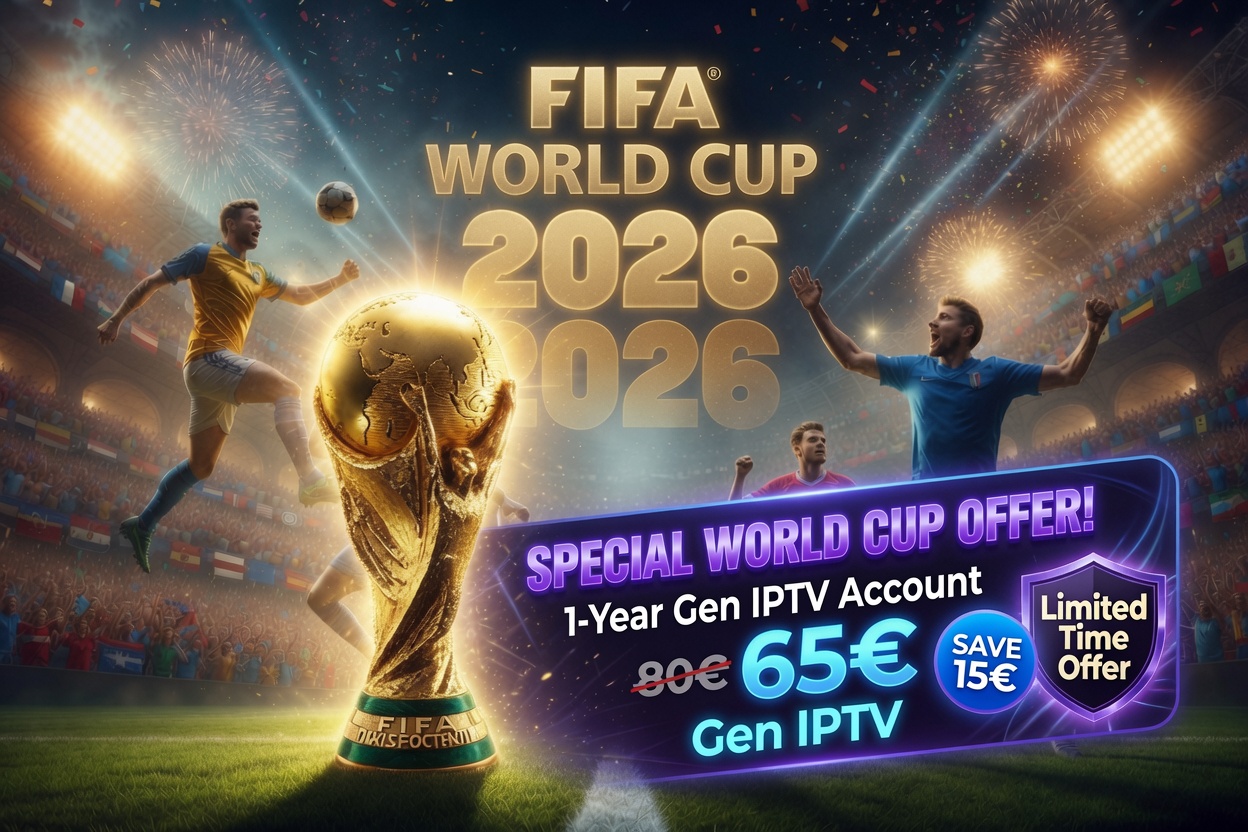 Promotional banner for FIFA World Cup 2026: “Special World Cup Offer” advertising a 1-year Gen IPTV account for 65€ with a limited-time offer.
