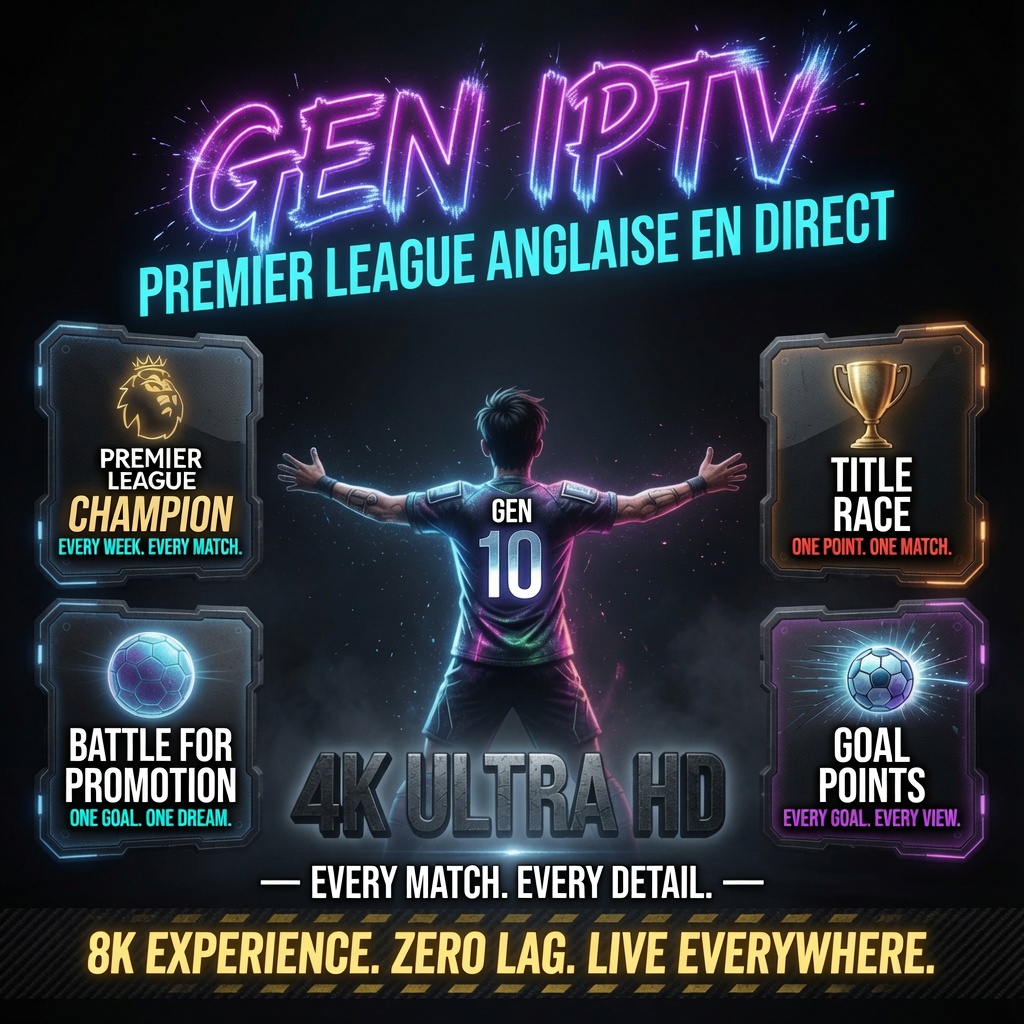 Promo poster for GEN IPTV featuring a soccer player with arms spread, neon title and 4K Ultra HD text.