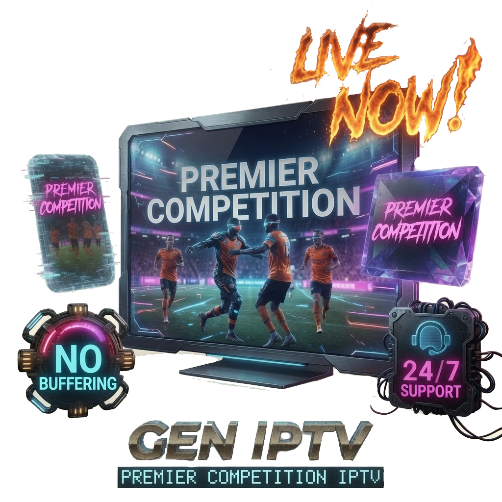 Live Now! IPTV service promo with neon screens showing Premier Competition and 24/7 support badges, no buffering claim prominent.